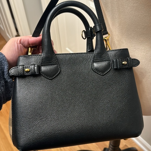 Burberry Black/Beige Leather and House Check Fabric Small Banner Tote - Picture 7 of 11